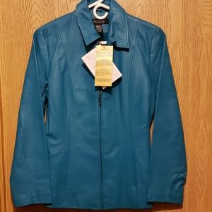 Dialogue Leather Zip Front Coat-Turquoise-Size S